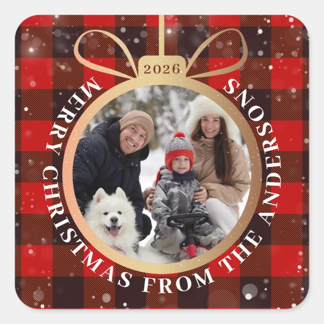 Black & Red Buffalo Plaid Christmas Ornament Photo Square Sticker (Front)