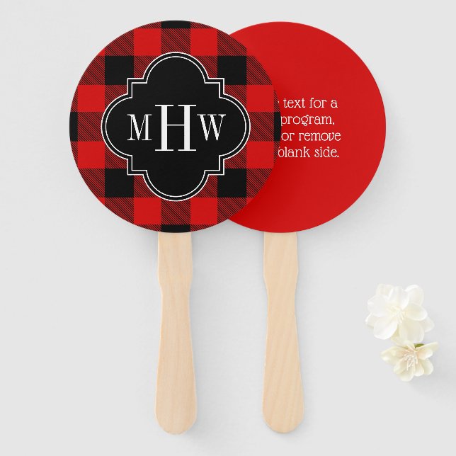 Black Red Buffalo Plaid DIY BG 3I Monogram Hand Fan (Front and Back)