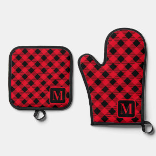 Black Red Buffalo Plaid Gingham Monogram Cute  Oven Mitt & Pot Holder Set