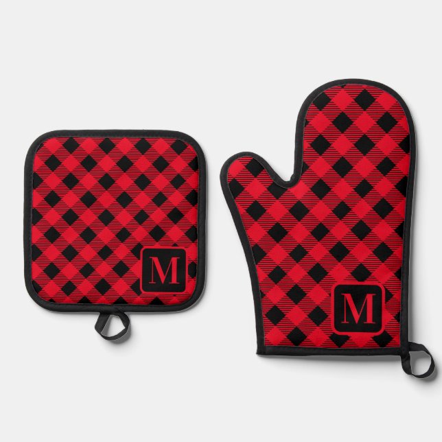 Black Red Buffalo Plaid Gingham Monogram Cute  Oven Mitt & Pot Holder Set (Front)