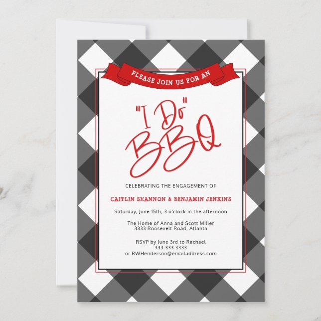 Black Red Buffalo Plaid I Do BBQ Engagement Party Invitation (Front)