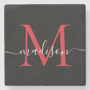 Black Red Burgundy Monogram Feminine Script Name Stone Coaster