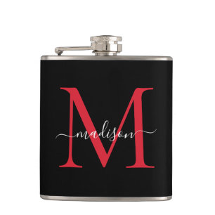 Black Red Burgundy Monogram Stylish Script Name Hip Flask