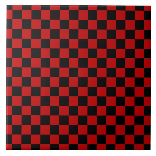 Black + Red Check Chequered Chequerboard Pattern Tile (Front)