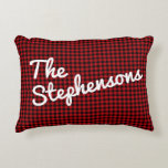 Black Red Check Plaid Personalized Name Christmas  Accent Pillow<br><div class="desc">Bring cozy holiday charm to your home with this retro black and red buffalo check plaid accent pillow, perfect for Christmas or adding a rustic farmhouse touch to your space year-round. The bold plaid pattern evokes a timeless, nostalgic feel, while the personalized name adds a special touch. Ideal for creating...</div>