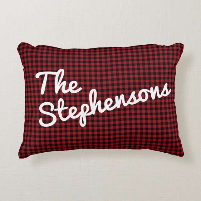 Black Red Check Plaid Personalized Name Christmas  Accent Pillow (Front)