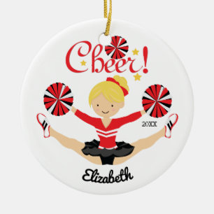 Black & Red Cheer Personalized Blonde Cheerleader Ceramic Ornament