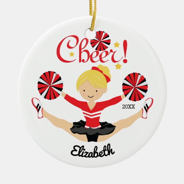 Black & Red Cheer Personalized Blonde Cheerleader Ceramic Ornament (Front)