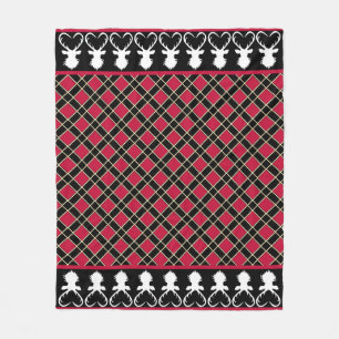 Black Red Chequered & Reindeer Silhouettes Fleece Blanket