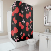 Black Red Cherries Pink Bow Coquette Cottage Chic