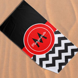 Black Red Chevron Beach Towel
