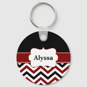 Black Red Chevron Personalized Keychain
