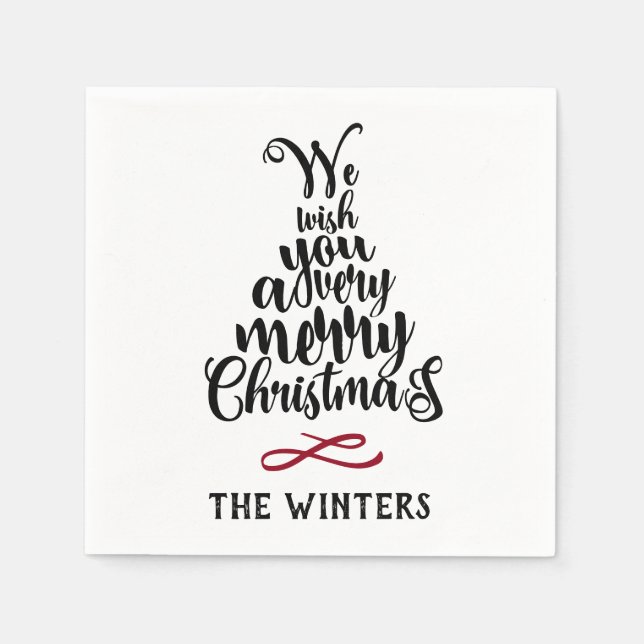 Black & Red Christmas Tree Lettering Holiday Napkin (Front)