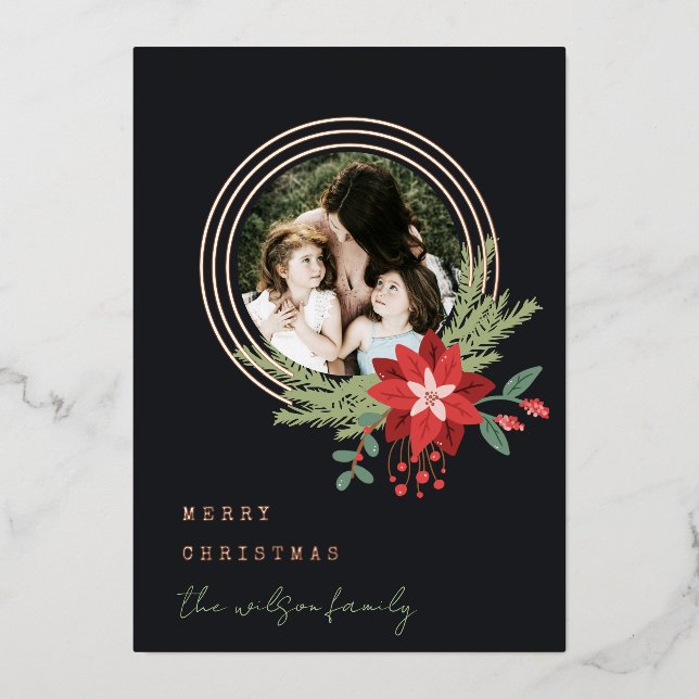 Black Red Circle Photo Poinsettia Merry Christmas Foil Holiday Card (Front)