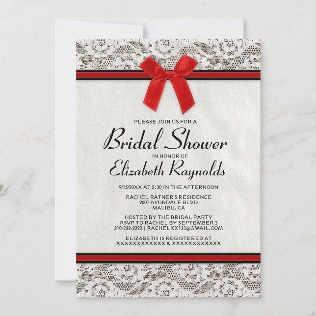 Black & Red Country Lace Bridal Shower Invitations (Front)
