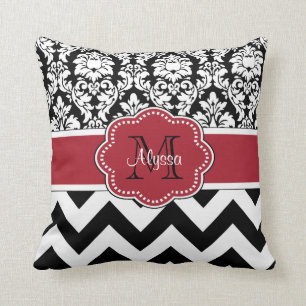 Black Red Damask Chevron Personalized Throw Pillow