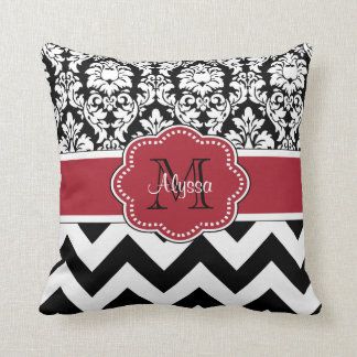 Black Red Damask Chevron Personalized Throw Pillow