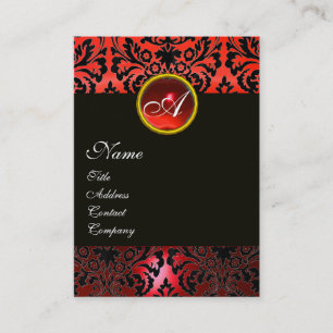 BLACK RED DAMASK FLORAL MONOGRAM ,Ruby Gemstone Business Card