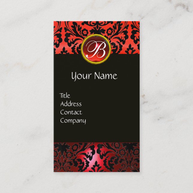 BLACK RED DAMASK FLORAL RED RUBY GEM MONOGRAM BUSINESS CARD (Front)