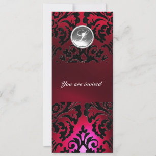 BLACK & RED DAMASK GEM STONE MONOGRAM burgundy Invitation