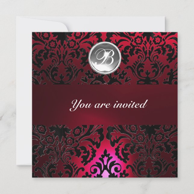 BLACK & RED DAMASK GEM STONE MONOGRAM burgundy Invitation (Front)