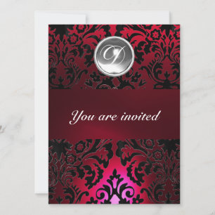 BLACK & RED DAMASK GEM STONE MONOGRAM burgundy Invitation
