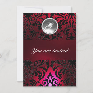 BLACK & RED DAMASK GEM STONE MONOGRAM burgundy Invitation