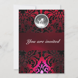 BLACK & RED DAMASK GEM STONE MONOGRAM burgundy Invitation