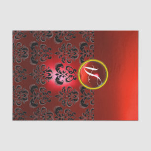 BLACK RED DAMASK GEMSTONE MONOGRAM Floral Tissue Paper