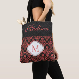 Black Red Damask Girly Trendy Initial Monogram Tote Bag