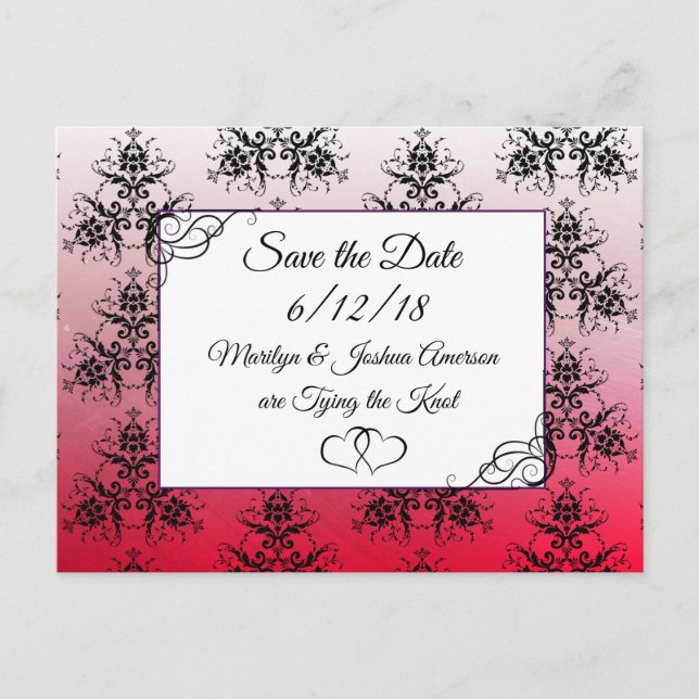 Black Red  Damask Wedding Save the Date Postcard (Front)