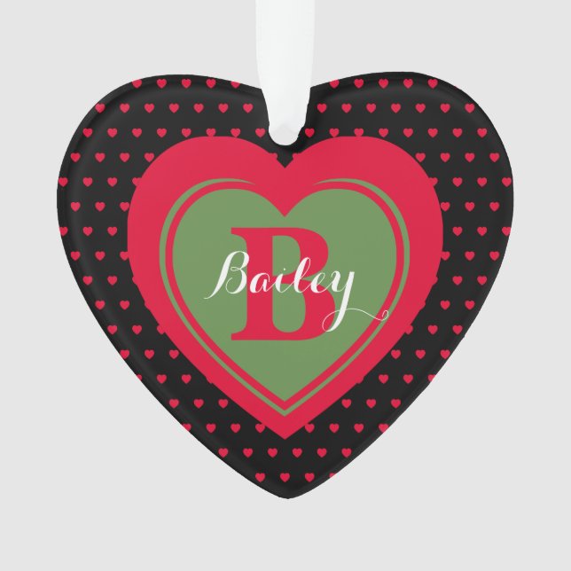Black & Red Dotted Hearts Personalized Keepsake Ornament (Front)