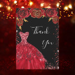 Black red dress florals glitter birthday thank you card<br><div class="desc">A feminine and elegant birthday thank you card. A black background, with red faux glitter, sparkles, red roses and a red dress. On front a large hand lettered script and the text: Thank You. Back: Personalize and add Your thank you note and name. The name is written with a modern...</div>