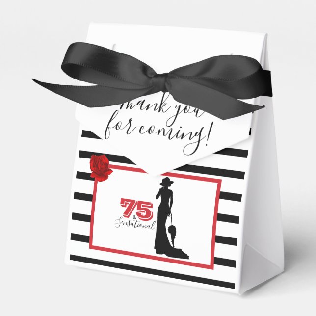 Black Red Elegant 75th Birthday Party THANK YOU Favor Box (Front Side)