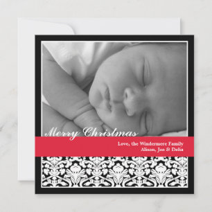 Black red elegant damask merry Christmas holiday Card