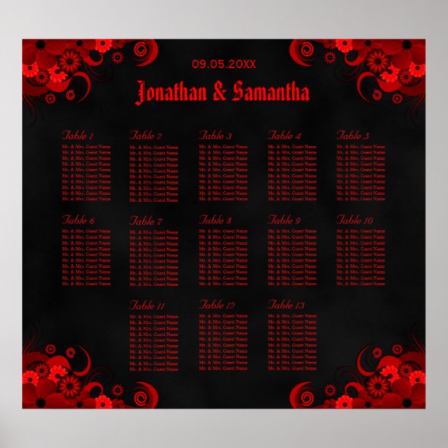 Black & Red Floral 13 Wedding Tables Seating Chart (Front)