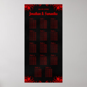 Black & Red Floral 14 Wedding Tables Seating Chart