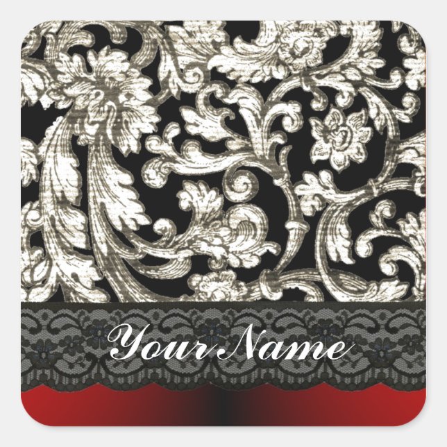 Black & red floral damask pattern square sticker (Front)
