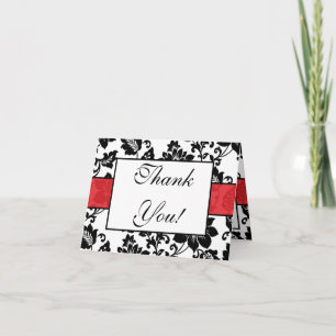 Black/Red Floral Damask Wedding Thank You Card
