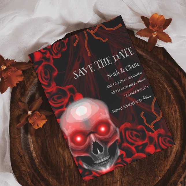 Black red floral dark moody gothic skull halloween save the date (Creator Uploaded)