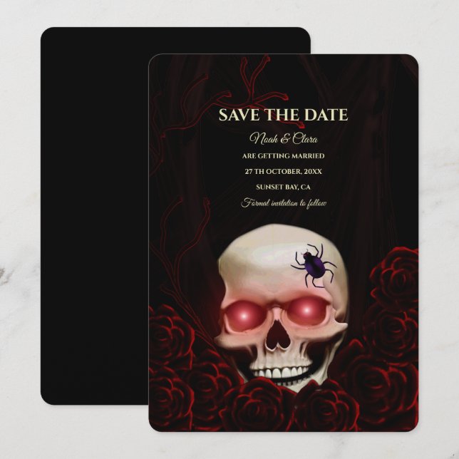Black red floral dark moody gothic skull halloween save the date (Front/Back)