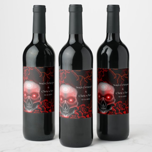 Black red floral dark moody gothic skull halloween wine label (Bottles)