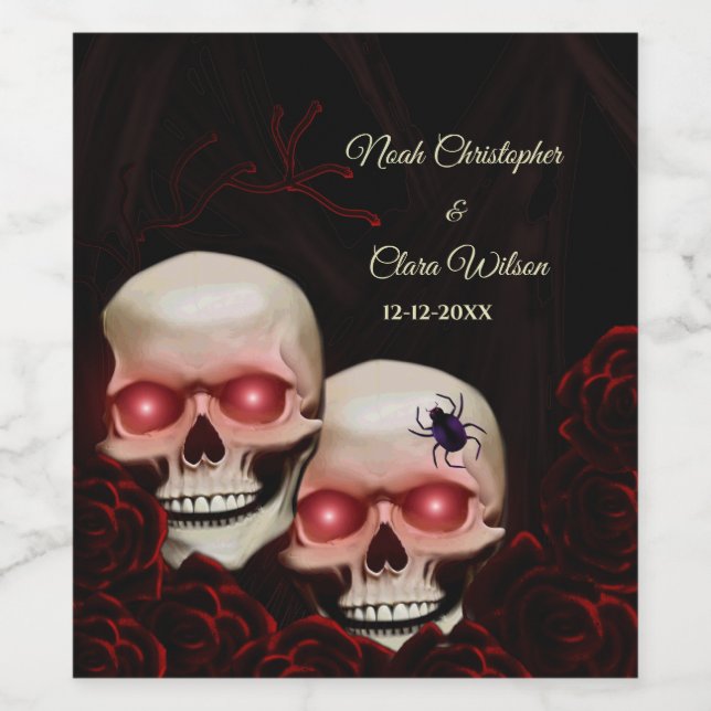 Black red floral dark moody gothic skull halloween wine label (Single Label)