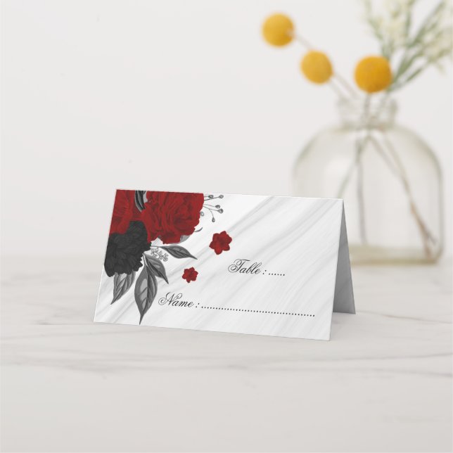 black & red floral marble  place card (Front)