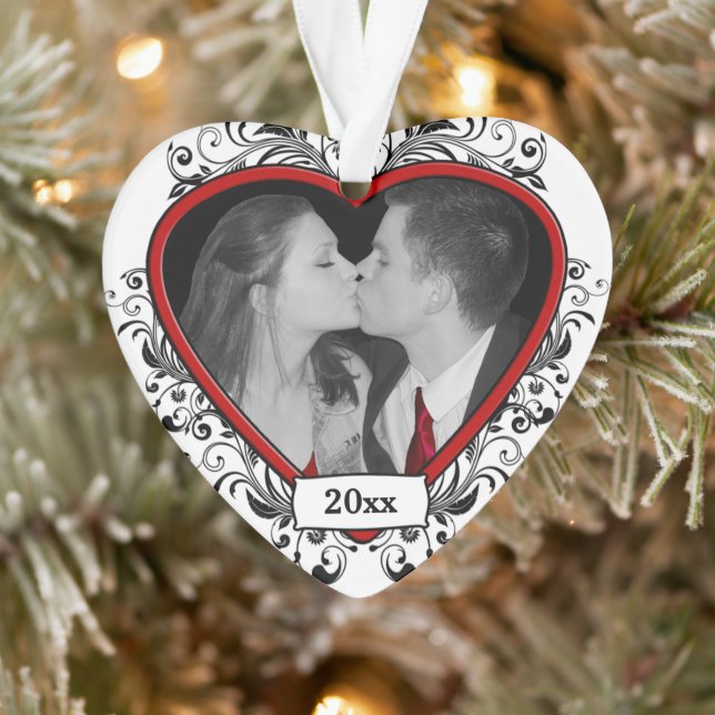 Black/Red Floral Newlywed First Christmas Ornament (Tree)