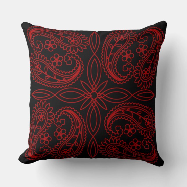 Black & Red Floral Paisley Pattern Throw Pillow (Front)