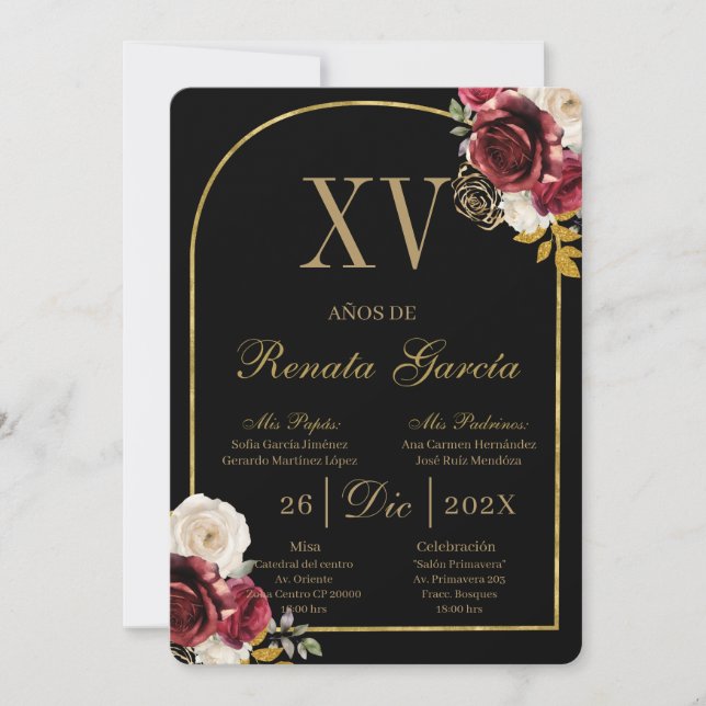 Black red floral quinceañera invitation (Front)