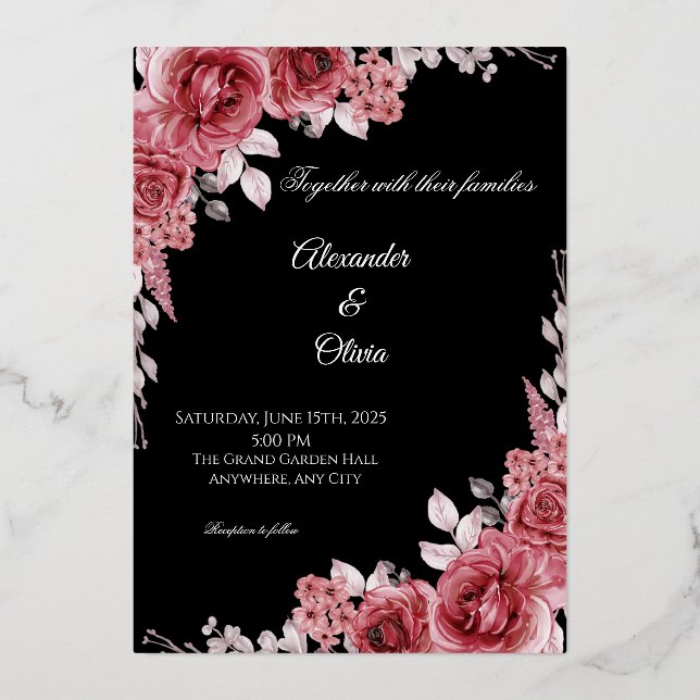 Black & Red Floral Wedding Invitation | Elegant Ro (Front)