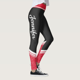 black & red floral white stripes and name modern leggings