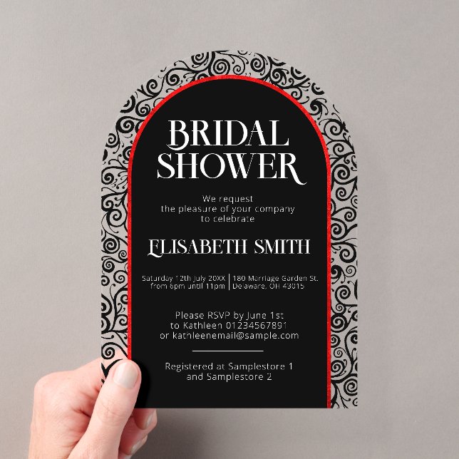 Black Red Flourish Dark Gothic Witch Bridal Shower Acrylic Invitations (Insitu (Handheld))